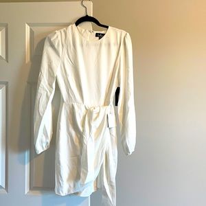 LULUS Believe It or Knot White Long Sleeve Tie-Front Skater Dress